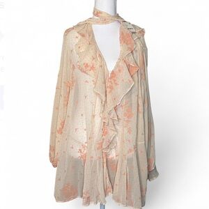 NWT Free People Dreamland Floral Tunic XS – Cream & Peach Sheer Ruffle Top